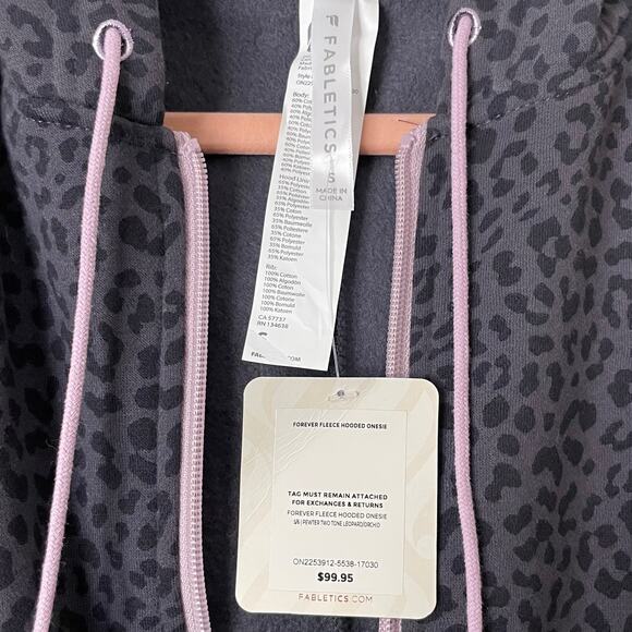 Fabletics Jumpsuit Women Small Gray Forever Fleece Hooded Onesie Leopard NEW - Picture 10 of 12